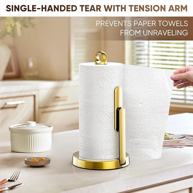 theaoo Heavy-Duty Stainless Steel Paper Towel Holder with Tension Arm – Easy One-Handed Tear, Modern Standing Countertop Dispenser for Kitchen, Holds All Paper Towel Rolls (1, Gold) - Image 7