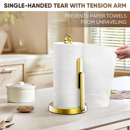 theaoo Heavy-Duty Stainless Steel Paper Towel Holder with Tension Arm – Easy One-Handed Tear, Modern Standing Countertop Dispenser for Kitchen, Holds All Paper Towel Rolls (1, Gold) - Image 7