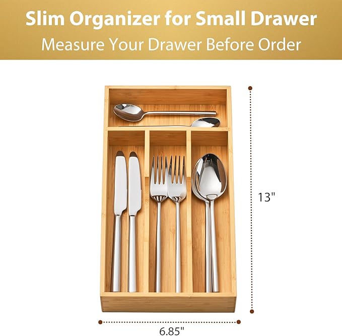 Umilife Bamboo Kitchen Drawer Organizer, 7 Inch Silverware Utensils Tray Holder for Small Drawer, Wood Caddy for Flatware Cutlery Knives - Image 5