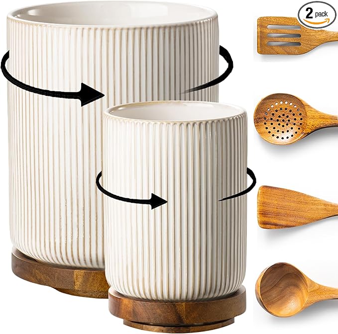 getstar Large Rotating Utensil Holder for Kitchen Counter,7.9"+6" Ceramic Utensils Crocks Set for Countertop Large & Small Utensil Organizer for Spatula Farmhouse Kitchen Decor by Getstar
