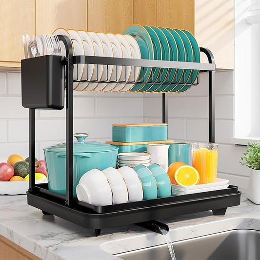 Sakugi 2-Tier Dish Drying Rack - Stainless Steel Dish Rack with Cutlery & Utensil Holders for Kitchen Counter, Sink Organization and Storage for Small Family, 15" W x 11.4" L x 15" H, Black by Sakugi