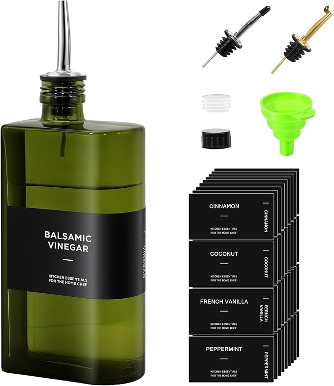 R DRURLCD Green Glass Olive Oil Dispenser, 16.9oz/500ml Curved Cooking Oil and Vinegar Bottle, Soy Sauce Dispenser, Coffee Syrup Bottle, 2 Gold Silver Stainless Steel Pourers, 36 Labels, Funnel