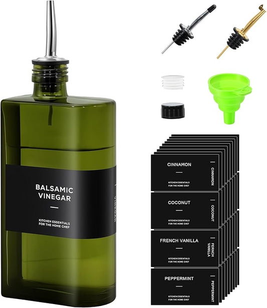 R DRURLCD Green Glass Olive Oil Dispenser, 16.9oz/500ml Curved Cooking Oil and Vinegar Bottle, Soy Sauce Dispenser, Coffee Syrup Bottle, 2 Gold Silver Stainless Steel Pourers, 36 Labels, Funnel