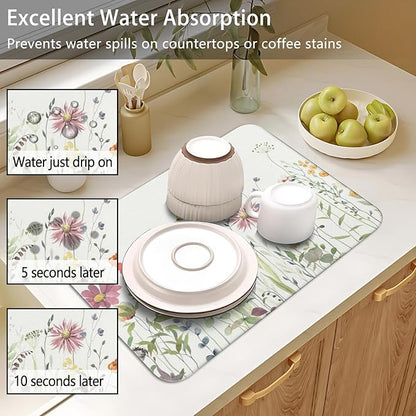 Dish Drying Mat for Kitchen Counter 2 Pack with Non-Slip Rubber Backing - Heat-Resistant Absorbent Coffee Bar Mat, Dish Rack Mat, Butterflies and Flowers Dish Drying Mats 18x24+19.5x12 inch