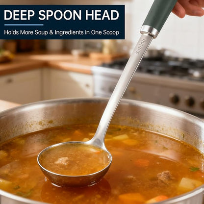 Safring Stainless Steel Soup Ladle and Spaghetti Spoon Set, Heat Resistant Rubber Handle, Dishwasher Safe, Kitchen Utensils for Cooking, Stirring, Serving Pasta, Soup & Sauce (Hunter Green) - Image 5