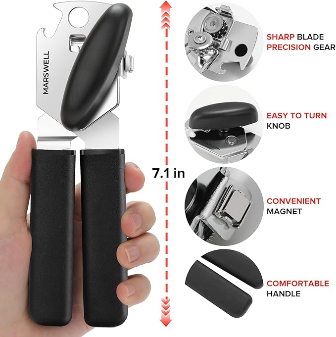 MARSWELL Manual Can Opener with Comfy Grip, Easy Turn Knob & Magnetic Lid Lifter, Smooth Cutting Hand Held Can Opener for Seniors, Arthritis & Weak Hands, Heavy Duty Kitchen Tool, Black - Image 6