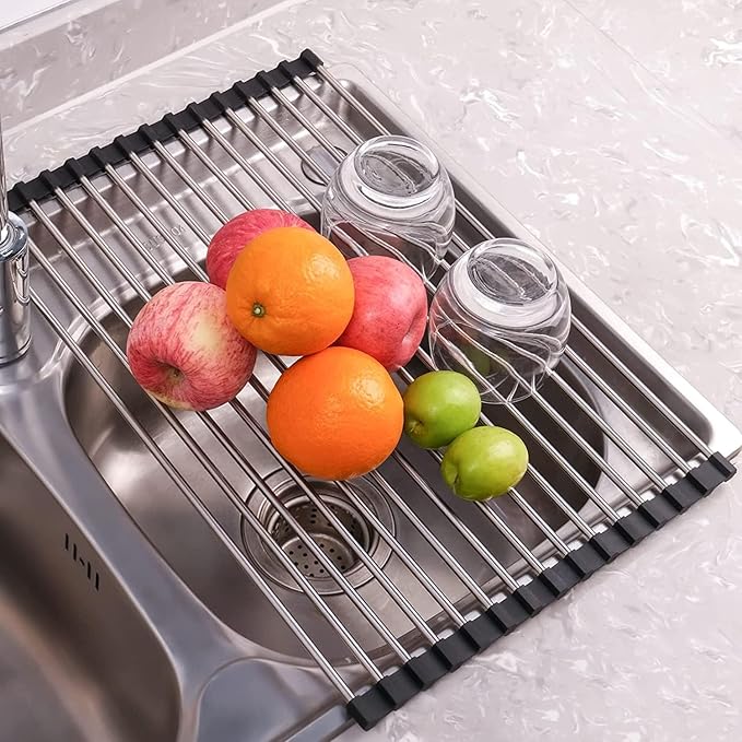 Seropy Roll Up Dish Drying Rack Over The Sink Drying Rack for Kitchen Counter, Rolling Dish Rack Over Sink Mat, Foldable Dish Drainer Stainless Steel Rack Kitchen Organization Gadgets Black 17"x11.8" - Image 2