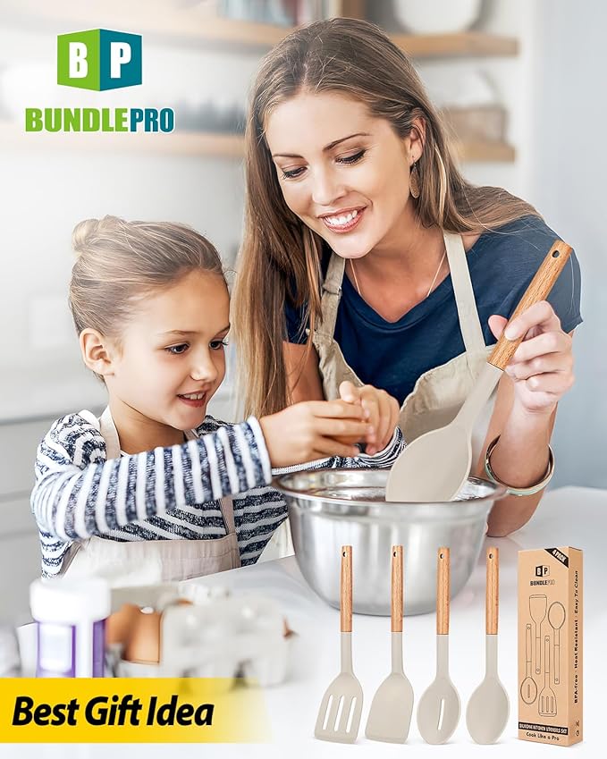 Pack of 4 Silicone Cooking Utensils Set, Non Stick Solid Spatulas and Heat Resistant Slotted Spoons with Wooden Handle, Ideal Wood Kitchen Utensils Set for Frying,Serving,Turning,Stirring (KHAKI) - Image 7