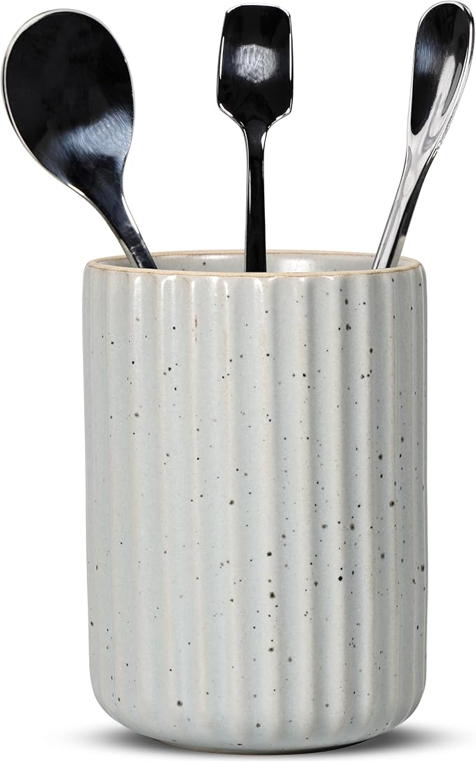 Ceramic Spoon Holder for Coffee Bar, Upright Tea Spoon Holder Cup, Coffee Stirrers Straws Stir Stick Holder, Spotted Grey Fluted Surface by U-TIMES