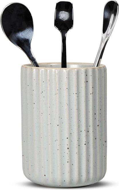 Ceramic Spoon Holder for Coffee Bar, Upright Tea Spoon Holder Cup, Coffee Stirrers Straws Stir Stick Holder, Spotted Grey Fluted Surface by U-TIMES