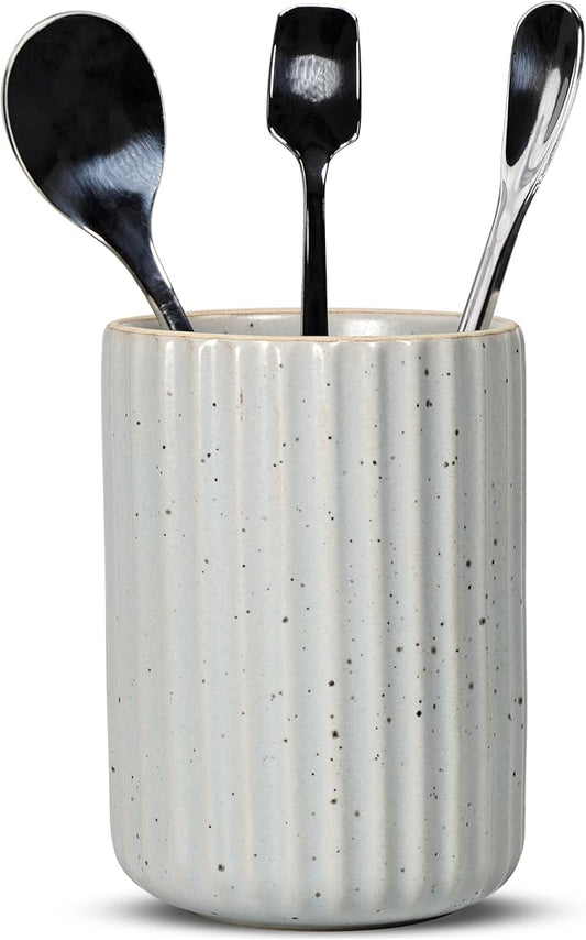 Ceramic Spoon Holder for Coffee Bar, Upright Tea Spoon Holder Cup, Coffee Stirrers Straws Stir Stick Holder, Spotted Grey Fluted Surface by U-TIMES