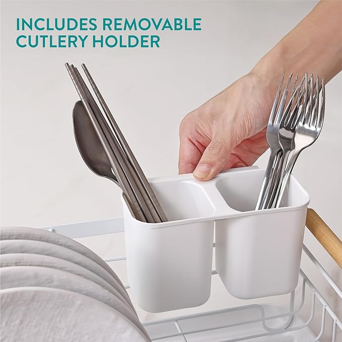 Navaris Dish Drainer Rack - Plate, Silverware, Pots and Pans - Dish Rack with Beechwood Handles - Metal Dish Drying Rack for Kitchen Counter - Modern Retro Design Dish Rack - White - Image 6