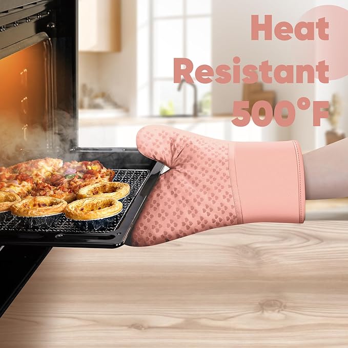 Oven Mitts and Pot Holders 4 Sets, Heat Resistant 500 ℉ Oven Mitt and Pot Holder,Oven Glove&Potholders with Non-Slip Silicone Surface,Kitchen Essentials for Cooking/Baking/BBQ-Pink - Image 6
