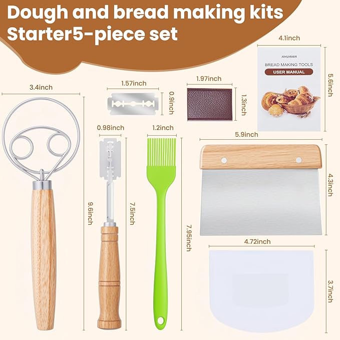 Danish Dough Whisk with Sourdough Scoring Tool, Bread Making Tools and Baking Supplies - Dough Hook Dutch Whisk, Bread Lame, Bench Scraper & Pastry Brush - Image 2