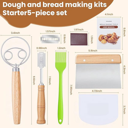 Danish Dough Whisk with Sourdough Scoring Tool, Bread Making Tools and Baking Supplies - Dough Hook Dutch Whisk, Bread Lame, Bench Scraper & Pastry Brush - Image 2