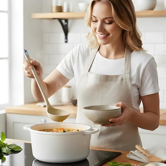 Silicone Spaghetti Spoon&Soup Ladle Cooking Utensils Set of 2,No Scratch for Nonstick Cookware,BPA Free, 450℉ Heat Resistant (KHAKI) - Image 2