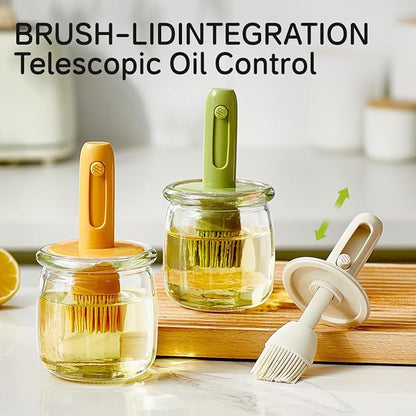 Retractable Oil Brush Dispenser, 2-in-1 Glass Olive Oil Bottle with Silicone Basting Brush — Adjustable Telescopic Design for Cooking, BBQ, and Baking (White/Green/Yellow) (WHITE)