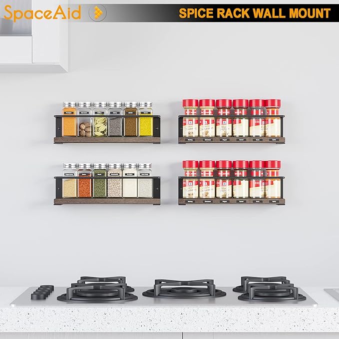 SpaceAid Spice Rack Organizer for Cabinet Door or Wall Mount (4 Pack) with 415 Spice Labels - Wood Hanging Seasoning Shelf for Cupboard Pantry or over the Stove - Image 2