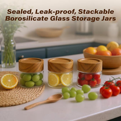 6-Pack 4 fl oz Stackable Airtight Glass Jars (with Acacia Wood Lids + Sticker Labels) – Small Mason Jars designed for overnight oats, spices, dry goods, and kitchen organization.