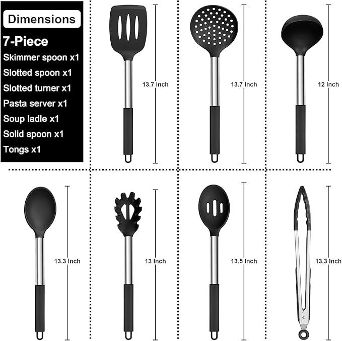 E-far Silicone Cooking Utensils Set, 7 Pcs Heat Resistant Kitchen Utensils with Stainless Steel Handle, Slotted Turner, Spoon, Soup Ladle, Pasta Server, Skimmer, Tongs for Nonstick Cookware, Black - Image 2