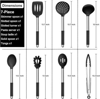 E-far Silicone Cooking Utensils Set, 7 Pcs Heat Resistant Kitchen Utensils with Stainless Steel Handle, Slotted Turner, Spoon, Soup Ladle, Pasta Server, Skimmer, Tongs for Nonstick Cookware, Black - Image 2
