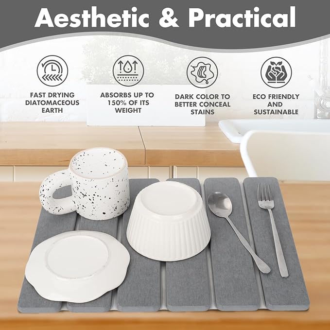 Stone Dish Drying Mat for Kitchen Counter, Eco-friendly, Instant Drying Pad,Diatomaceous Earth Water Absorbing Mat, Foldable and Super Absorbent Dish Drying Stone Mat, 16"×12", Dark Gray - Image 2