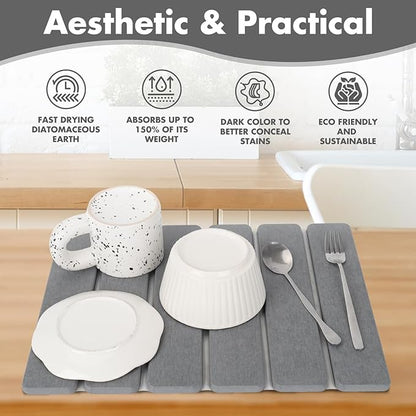 Stone Dish Drying Mat for Kitchen Counter, Eco-friendly, Instant Drying Pad,Diatomaceous Earth Water Absorbing Mat, Foldable and Super Absorbent Dish Drying Stone Mat, 16"×12", Dark Gray - Image 2