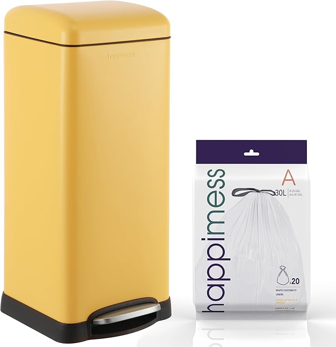 happimess HPM1007K Betty Retro 8-Gallon Step-Open Trash Can, Daffodil Yellow with Soft-Close Lid, Fingerprint Resistant, Modern, Minimalistic for Home, Kitchen, Laundry Room, Office, Bedroom, Bathroom by Happimess