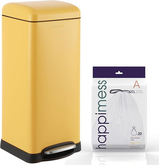 happimess HPM1007K Betty Retro 8-Gallon Step-Open Trash Can, Daffodil Yellow with Soft-Close Lid, Fingerprint Resistant, Modern, Minimalistic for Home, Kitchen, Laundry Room, Office, Bedroom, Bathroom by Happimess