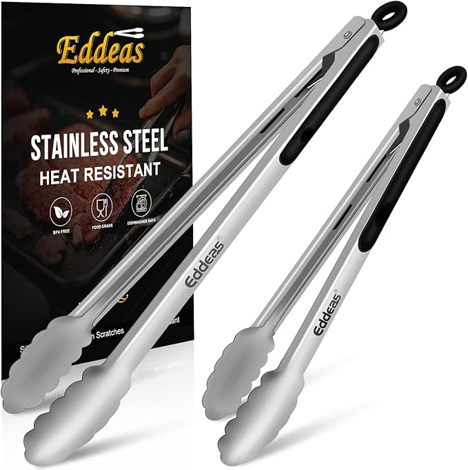 Eddeas Grill Tongs, Bbq tongs - 12" and 17 Inch Extra Long Kitchen Tong, Heat Resistant 600 Degrees Stainless Steel tongs, Metal Locking Tong for Cooking, Grilling, Outdoor Barbecue, Set of 2 by Eddeas