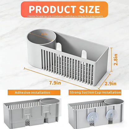 SuoXing Inside Sink Sponge Holder,Grey Rustproof Sink Caddy and Scrub Holder for Kitchen Sink with Suction Cup,Adhesive,Plastic Dish Sink Organizer for Scrub Brush,Scrubber,Dish Sponge,Spinge Holder - Image 3