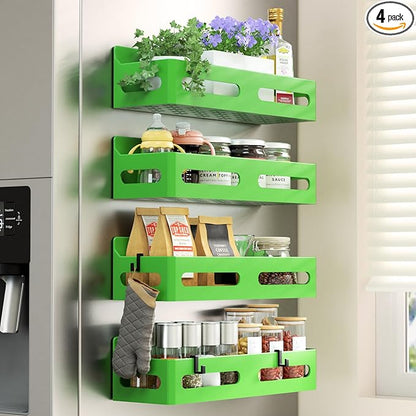 Sevenblue 4 Pack Strong Magnetic Spice Rack for Refrigerator, Multipurpose Magnetic Shelf for Fridge with 4 Hooks for kitchen and Bathroom Organization, Green by Sevenblue