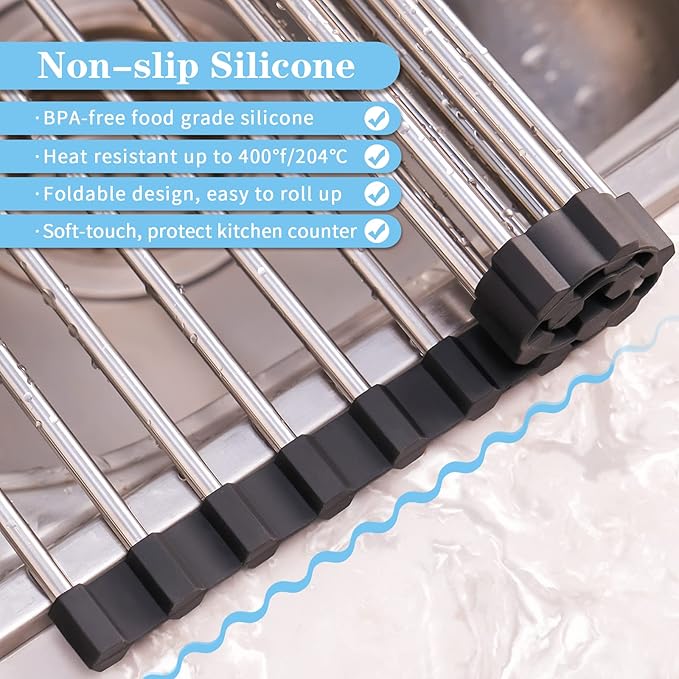 Seropy Roll Up Dish Drying Rack Over The Sink for Kitchen Sink Drying Rack Folding Dish Drainer Mat Rolling Dish Rack Sink Rack Stainless Steel Kitchen Dry Rack Black 17.5x15.7 Inch - Image 5