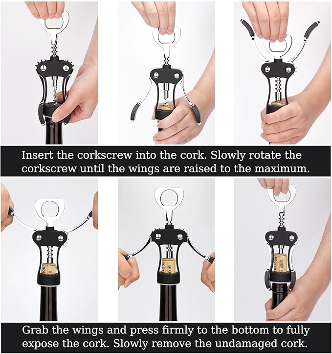 KORCCI Wine Opener, Heavy-Duty Zinc Alloy Wing Corkscrew, Premium Beer Bottle Opener, Multifunctional Wine Accessories with Ergonomic Handle and Sharp Screw, for Kitchen, Bar, Restaurant (BLACK) - Image 6
