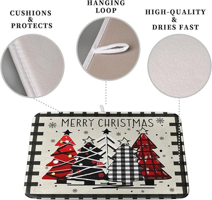 Christmas Trees Kitchen Dish Drying Mat 18x24 Inch Merry Christmas Black White Buffalo Plaid Dish Drainer Mat Absorbent Reversible Microfibe Drying Dish Pad for Winter Kitchen Counter Decor - Image 3