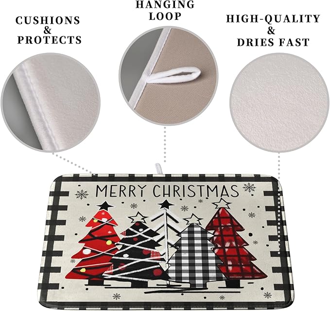 Merry Christmas Dish Drying Mats for Kitchen Counter 16x18 Buffalo Plaid Christmas Tree Microfiber Absorbent Drying Mat Seasonal Winter Holiday Drying Pad Dish Drainer Mat for Coffee Bar Sinks - Image 3
