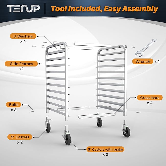TenUp 10-Tier NSF Aluminum Sheet Pan Rack, Commercial Bakery Cooling & Storage Cart with Wheels, Heavy-Duty Bun Rack – 26" L x 20" W x 38" H - Image 3