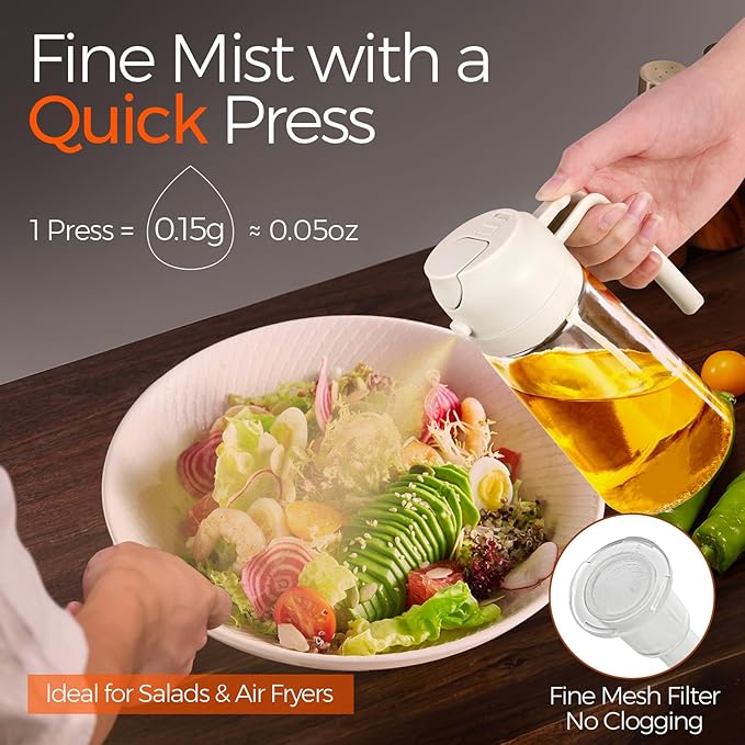 YARRAMATE 2Pcs 16oz/470ml 2 in 1 Oil Sprayer for Cooking with Stickers, Food-grade Glass Oil Spray Bottle, Oil Dispenser and Oil Sprayer for Kitchen, Salad, Frying, BBQ (White &Black) - Image 3