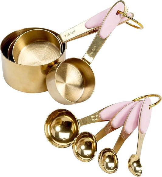 Paris Hilton Measuring Cups and Spoons Set, Stainless Steel with Pink Silicone Inset Handle, Dishwasher Safe, For Dry and Liquid Ingredients, 8-Piece Set, Gold and Pink by TheWorldofParisHilton