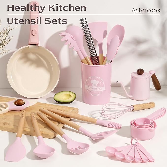 Astercook Kitchen Utensils set, 39 PCS Silicone Cooking Utensils Set with Wooden Handle, 446°F Heat Resistant Food Grade Utensil Sets, BPA Free Kitchen Gadgets Tools Set for Mothers Day Gifts - Image 2