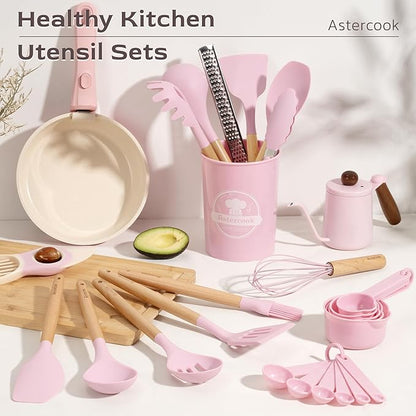 Astercook Kitchen Utensils set, 39 PCS Silicone Cooking Utensils Set with Wooden Handle, 446°F Heat Resistant Food Grade Utensil Sets, BPA Free Kitchen Gadgets Tools Set for Mothers Day Gifts - Image 2