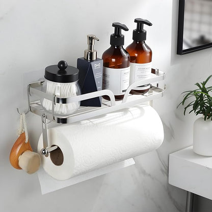 ZUNTO Wall Mount Paper Towel Holder with Shelf, Self Adhesive or Drilling, Stick on Wall Paper Towel Bar Spice Rack for Kitchen, Garage Organizer and Storage, Silver - Image 4