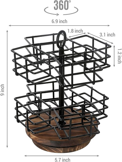 MyGift 8 Compartment Tea Bag Organizer Carousel, Black Metal Wire Packet Holder and 360 Degree Spinning Burnt Solid Wood Base, Coffee Station Storage Caddy