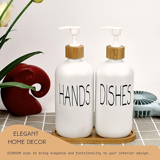 Glass Soap Dispenser Set - Hand Soap and Dish Soap Dispenser with Bamboo Tray. Vintage Soap Dispenser with Pump for KitchenKitchen Drain Outlet and Bathroom. Stylish Permanent Labels (Matte White) - Image 5