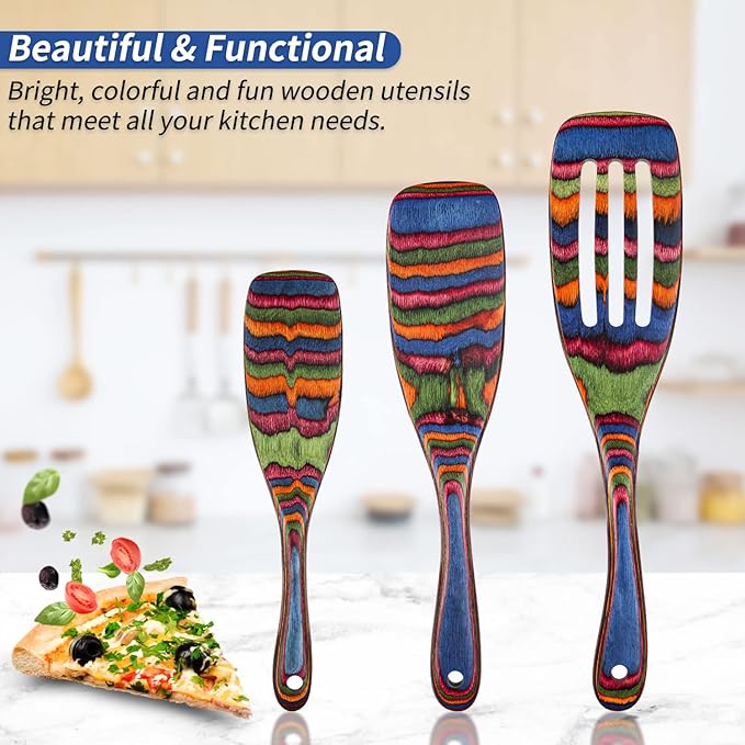 Spurtle Set, Wooden Utensils for Cooking, WOSPONFAN Kitchen Utensils Set, Pakkawood Kitchen Cooking Utensils Set, Apartment Essentials Wood Serving Spatula spoon, Home & kitchen Gift for Women & Men