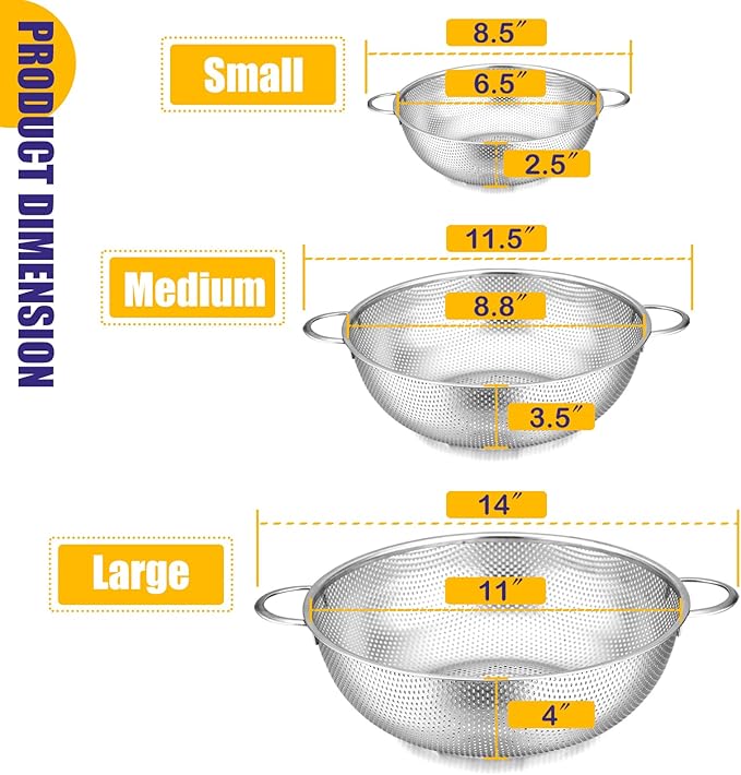 E-far Stainless Steel Colander Set of 3 (1-3-5Quart), Micro-Perforated Metal Colander Strainer with Handle for Kitchen/Draining Pasta/Rinsing Vegetables Fruits, Heavy Duty & Dishwasher Safe - Image 2