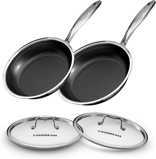 FogDream 10" 11" Stainless Steel Frying Pan with Lid, Honeycomb Hybrid Nonstick Skillet for Induction & All Cooktops, PFAS/PFOA/PTFE Free, Oven Safe to 500°F, Stay-Cool Handle, Dishwasher Safe, Silver by FogDream