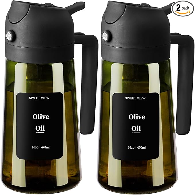 SWEET VIEW 2PCS Olive Oil Dispenser and Oil Sprayer – 16oz/470ml Glass Light-Proof Oil Pourer for Kitchen Air Fryer, Cooking, Salad, and BBQ, with Stickers by SWEETVIEW