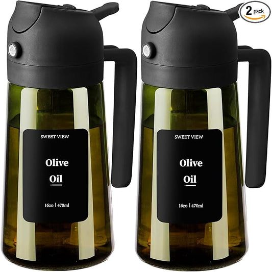 SWEET VIEW 2PCS Olive Oil Dispenser and Oil Sprayer – 16oz/470ml Glass Light-Proof Oil Pourer for Kitchen Air Fryer, Cooking, Salad, and BBQ, with Stickers by SWEETVIEW