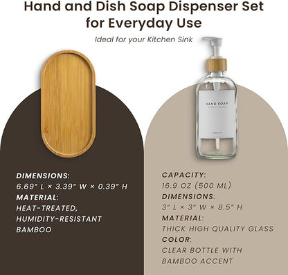 MaisoNovo Glass Dish Soap Dispenser for Kitchen Set of 2-16.9oz Clear Dish and Hand Soap Dispenser Set for Kitchen - Clear Glass Bottles x 2 with White Bamboo Pumps & Tray